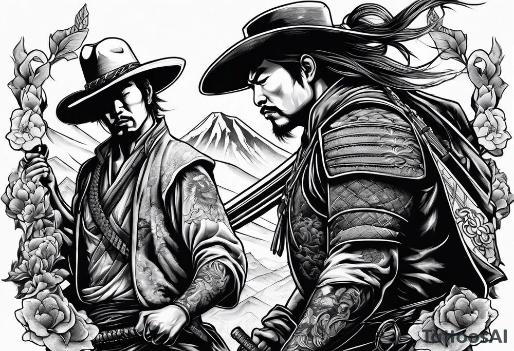 A fight scene between an American cowboy and a japanese samurai tattoo idea
