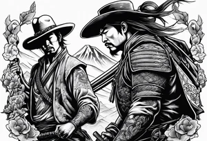 A fight scene between an American cowboy and a japanese samurai tattoo idea
