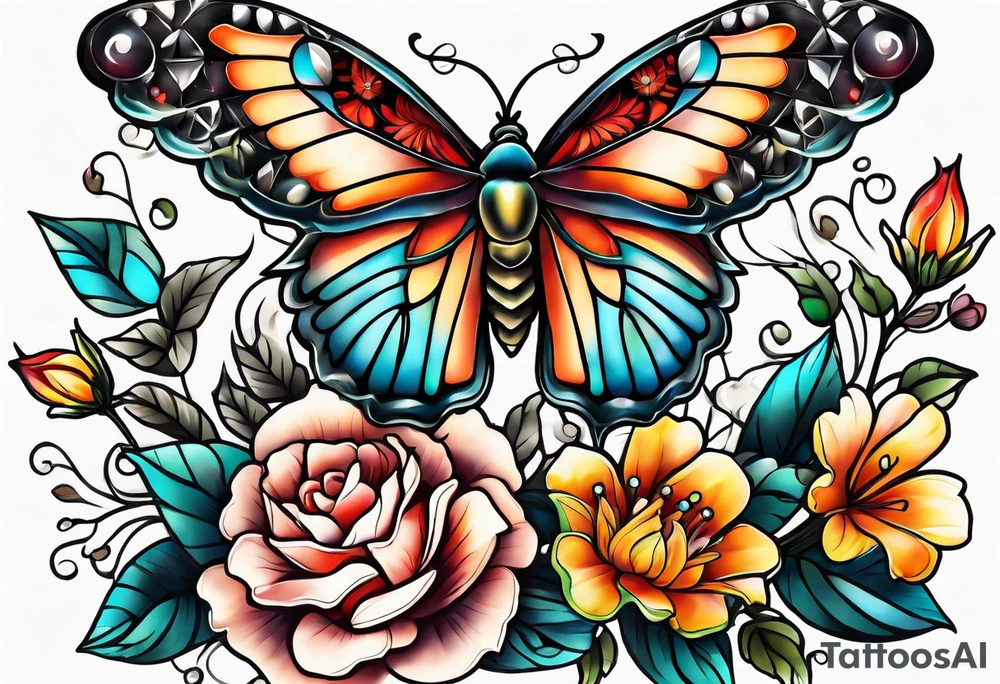 Flower chest piece, 
crystals, moth tattoo idea