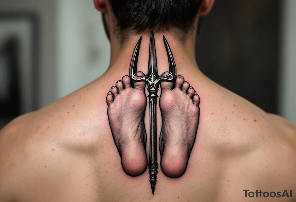barefeet behind trident tattoo idea