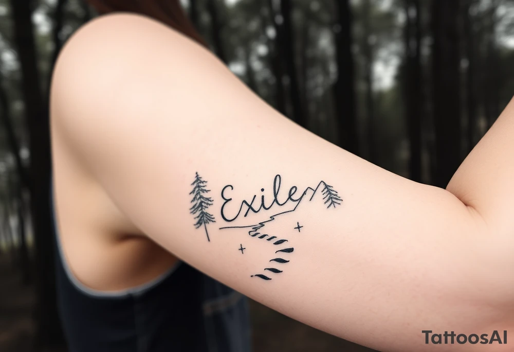 A path in the woods with mountains in the background. The word "Exile" blended in the drawing tattoo idea