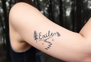 A path in the woods with mountains in the background. The word "Exile" blended in the drawing tattoo idea