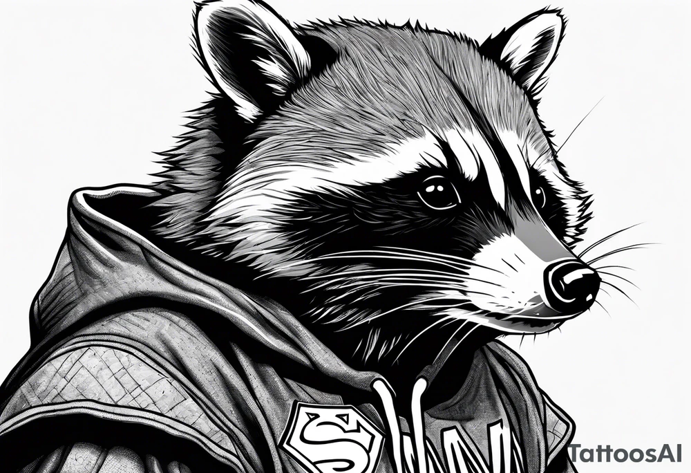 raccoon wearing a Superman hoodie tattoo idea