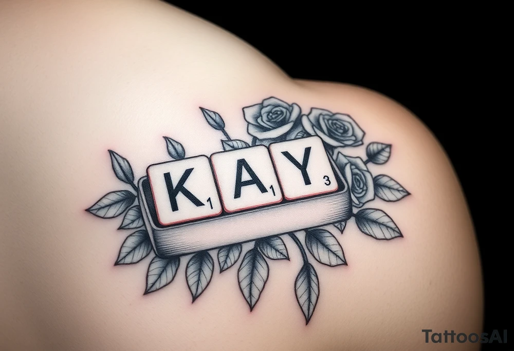 Tattoo on left shoulder
Predominant focal point: Scabble letters spelling “KAY” resting on scabble piece holder tray. The numbers in corner of each letter should not be actual scabble values, instead they should be “1,4,3” or K=1, A=4, Y =3. To represent “I love you” 

This tattoo is to honor my grandmother in hospice

Surrounding the scrabble tile holder and pieces spelling KAY, her name, will be a rose bush tattoo. It should look realistic and fill all space between focal point scrabble tiles & the curves of my left shoulder muscle. I am pretty muscular, so I want the rose bush and stems to scent the definition of my rear and front shoulder muscles well. It should highlight my muscles and accentuate them more. tattoo idea