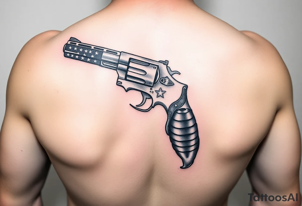 Revolver, American flag, state of florida, grenade, horseshoe, bulldog and blended into a half forearm sleeve tattoo idea