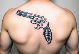 Revolver, American flag, state of florida, grenade, horseshoe, bulldog and blended into a half forearm sleeve tattoo idea