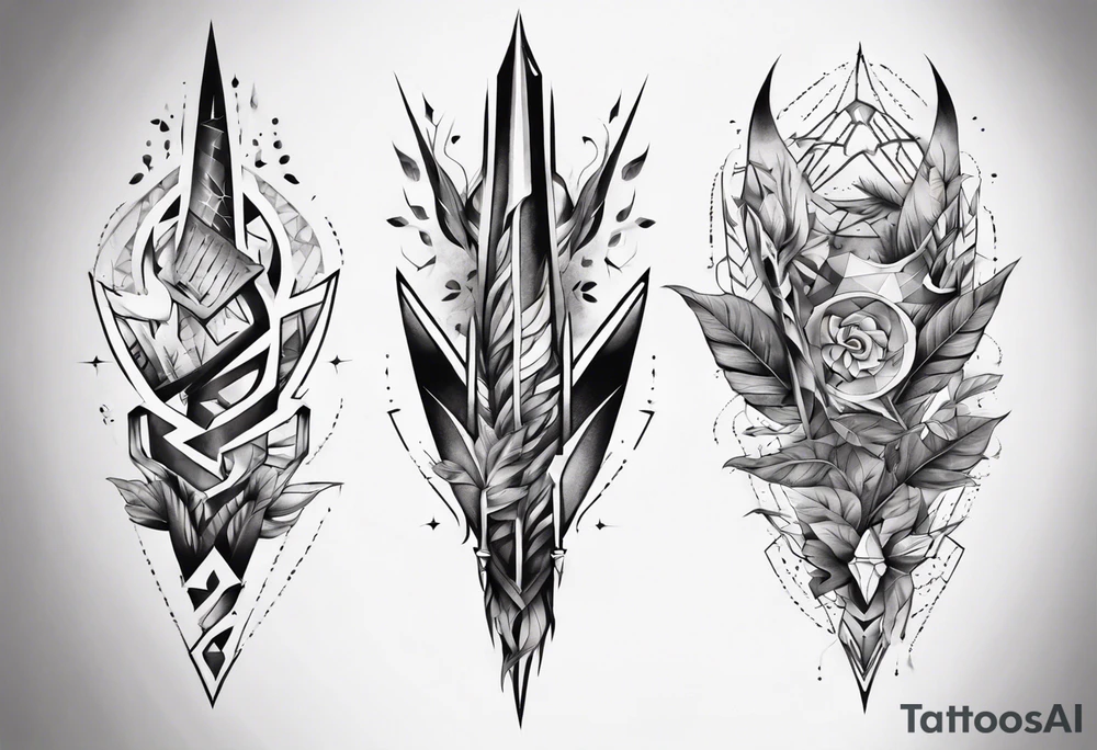 full arm tattoo. pointy leaves combined with geometric shapes. whole arm tattoo idea