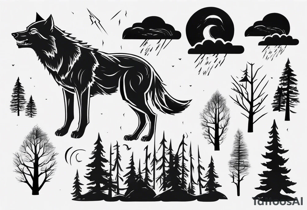 a thunderstorm over a forest and a wolf howling tattoo idea a thunderstorm over a forest and a wolf howling tattoo idea
