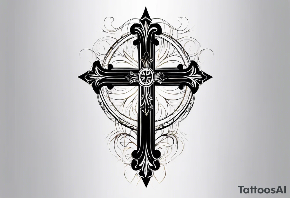 Tattoo: A refined cross with a soft halo on top of it, symbolizing light and spirituality. Delicate rays extend outward from the halo, adding a subtle glow and depth. The cross itself is simple and elegant, with potential for small, intricate line details within the design. tattoo idea
