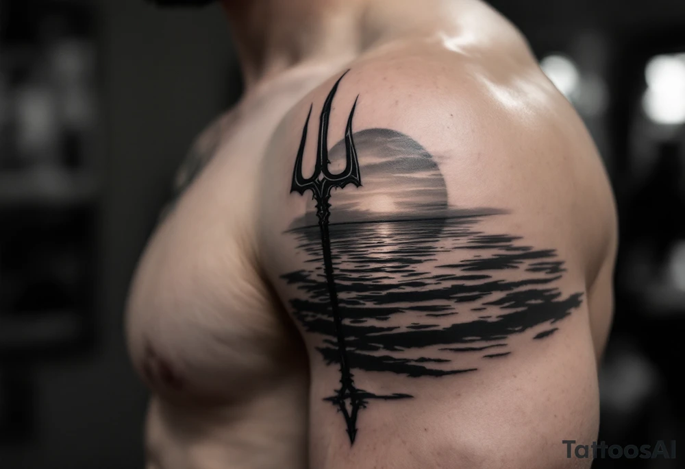 trident half way under calm water at sunset tattoo idea