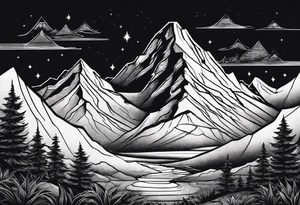 A detailed mountain range with hidden elements like a tiny Triforce subtly placed within the landscape, perhaps in the shadows or as part of the mountain texture. tattoo idea