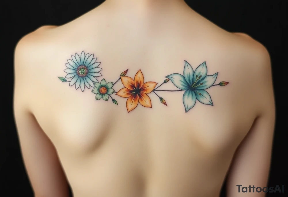 This tattoo is on a woman. It is a line of flowers connected by a single stem. It starts on her left pectoral with a Glaiolus and Daisy together, then the tatoo rises over the left shoulder and down the arm and ends at the elbow. The tattoo will include a primrose, Calla Lily, and a Lilly. It will be light on color except in the petals and has light shading to make it pop. tattoo idea