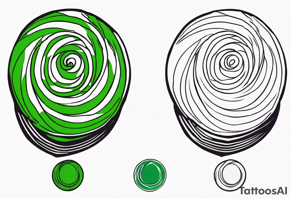 a small round candy in a twist wrapper. green and white swirl tattoo idea