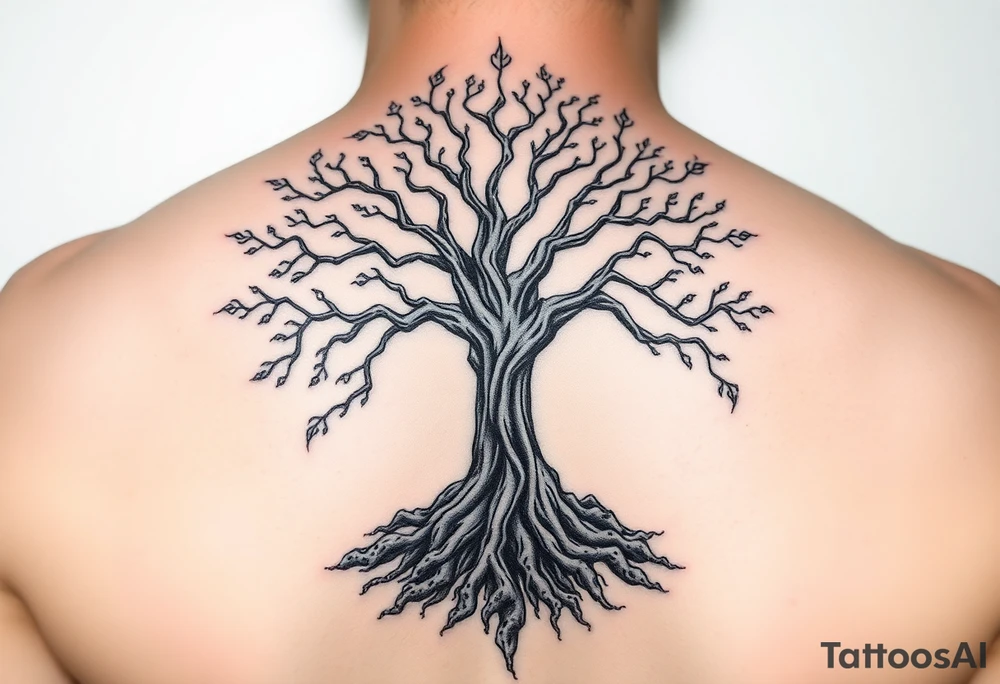 mystical tree of life with cosmic roots and celestial branches tattoo idea