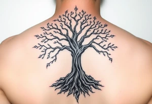 mystical tree of life with cosmic roots and celestial branches tattoo idea