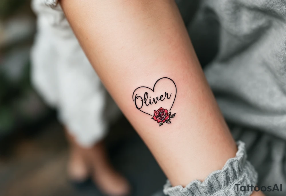 A simple black heart outline, with name "Oliver" elegantly engraved inside, accompanied by a small red rose at the bottom, representing timeless love. tattoo idea