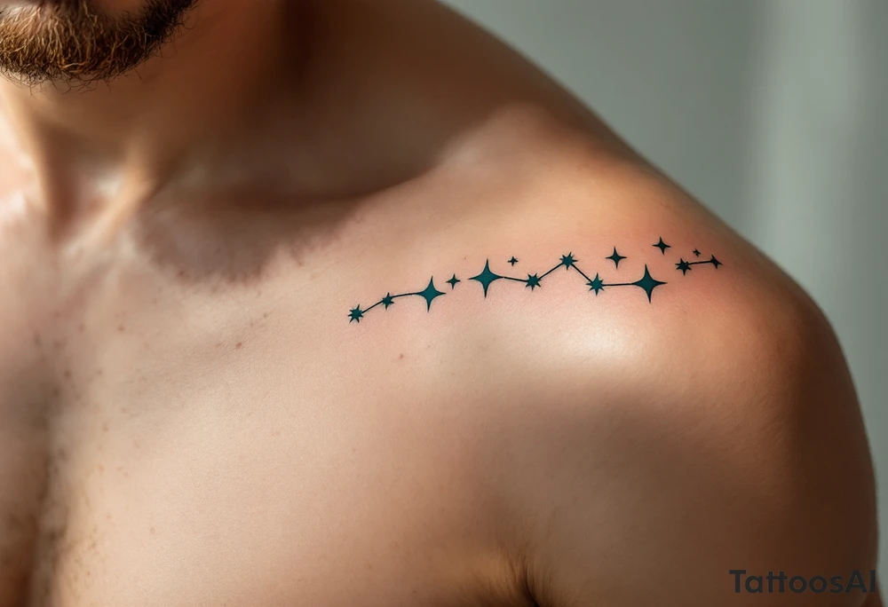 A minimalist Virgo sign in burnt sienna is followed by a sweeping arc of teal stars forming the constellation. tattoo idea