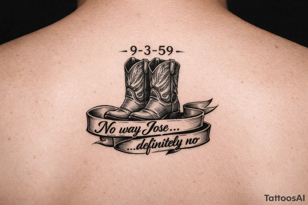 Can you do a minimalist neo, traditional Cow girl boots her birthday 9-3-59 and a banner that says no way Jose …. definitely no spurs this isn’t realistic. I want it very minimalist. tattoo idea