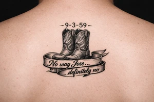 Can you do a minimalist neo, traditional Cow girl boots her birthday 9-3-59 and a banner that says no way Jose …. definitely no spurs this isn’t realistic. I want it very minimalist. tattoo idea