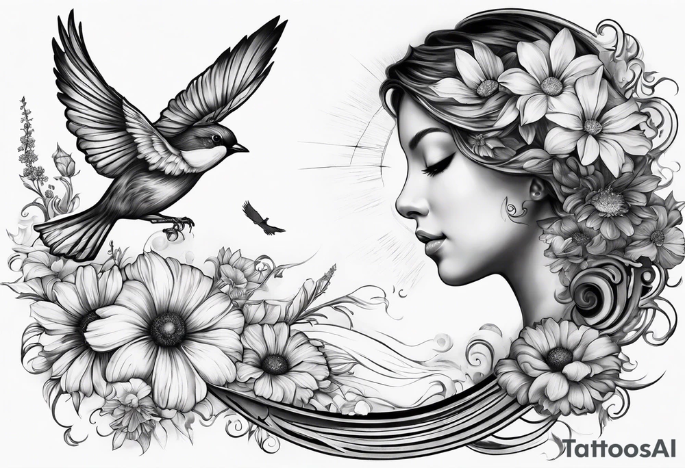 spiritual whole neck sleeve with a flying sparrow on side of neck with cosmos flower and a daisy flower and an iris flower, with staircase
 leading up to light and sunrays, ohm symbol on throat part of neck  about consciousness and transcendence. whole neck sleeve tattoo idea