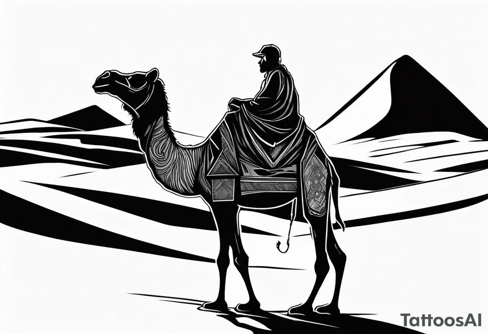 Design a tattoo showcasing a vast desert landscape with low, undulating sand dunes. Feature a man walking alongside his camel, both resilient against the harsh environment, the man covering his face with a long cloth for protection. tattoo idea