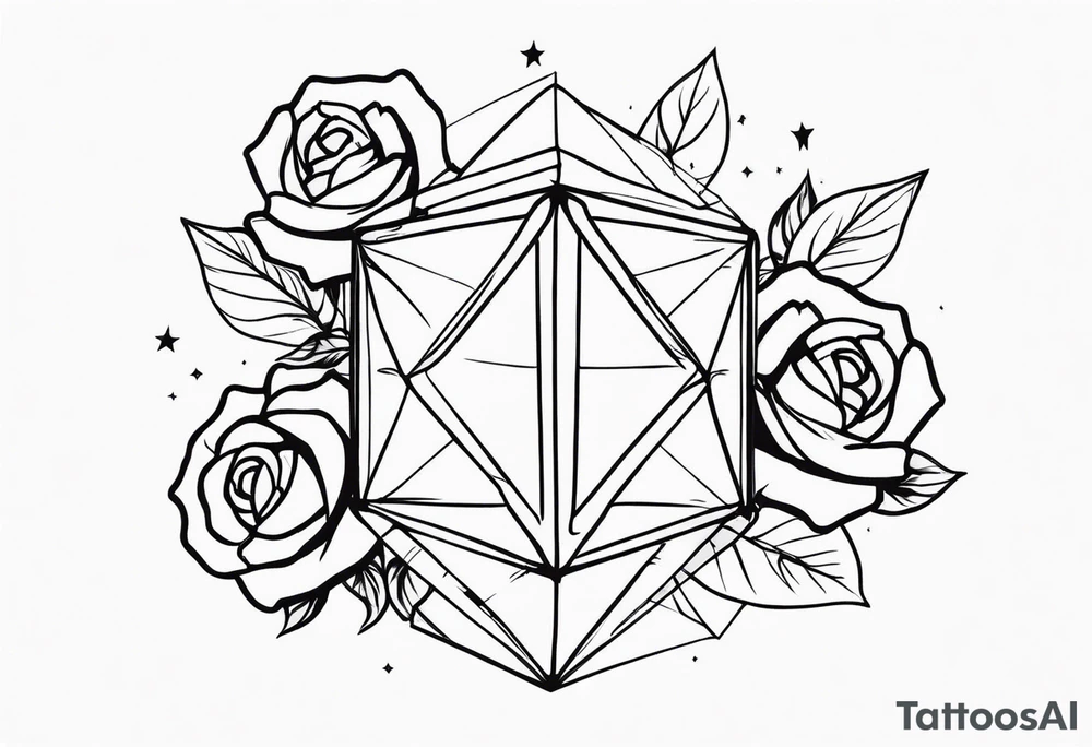 Tesseract with big roses and small stars around it tattoo idea
