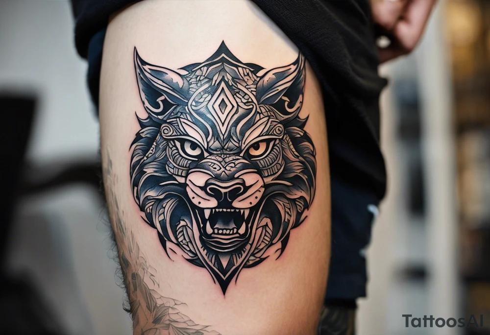A tattoo for the knee featuring the face of a mythological creature, with fierce, exaggerated features like sharp fangs, intense eyes, and a wild expression. From its eyes, beams of light or energy radiate outward in a dynamic pattern. The design should feel bold and powerful, flowing naturally with the shape of the knee. Non geometrical desing tattoo idea