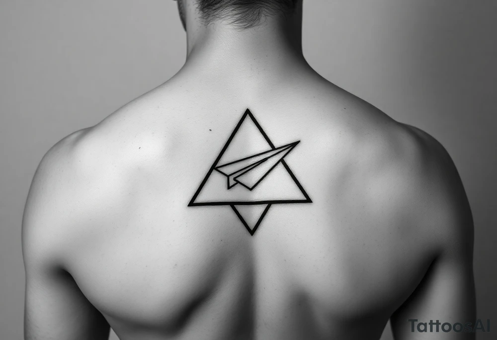 Geometric small triangle with a paper plane while being psychedelic with fine thin lines tattoo idea