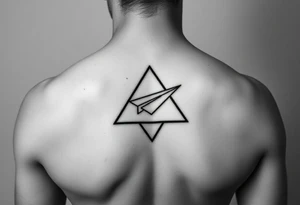Geometric small triangle with a paper plane while being psychedelic with fine thin lines tattoo idea