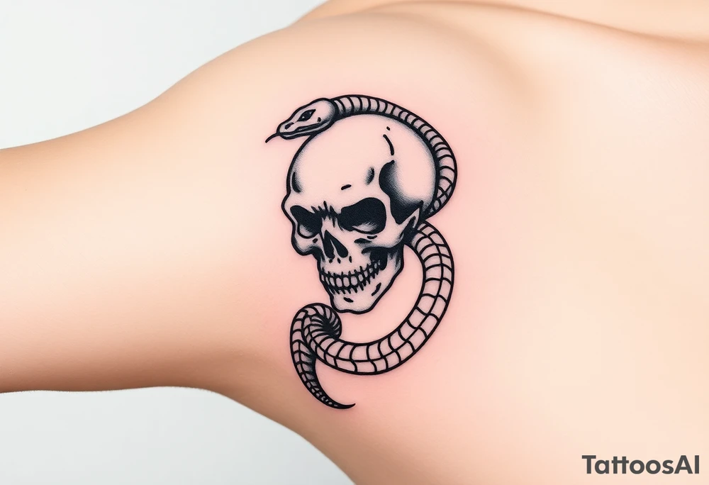 A hyper-realistic Dark Mark, with the snake slithering around the skull, coiled in a hypnotic pose tattoo idea