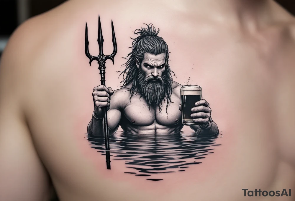 young, fit poseidon in calm water, holding a trident, holding a beer, wink tattoo idea