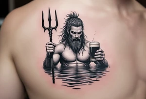 young, fit poseidon in calm water, holding a trident, holding a beer, wink tattoo idea