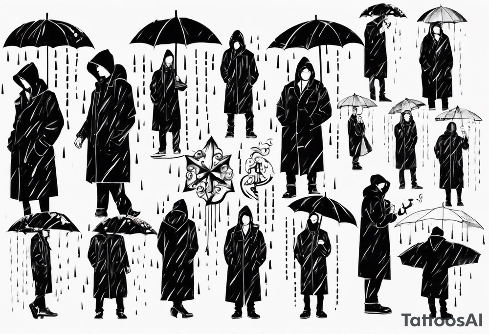 A man in a rain coat holding an umbrella tattoo idea