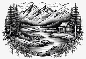 Full sleeve tattoo that symbolizes Family Love, memories of deceased family, mental health, adventure in mountains tattoo idea