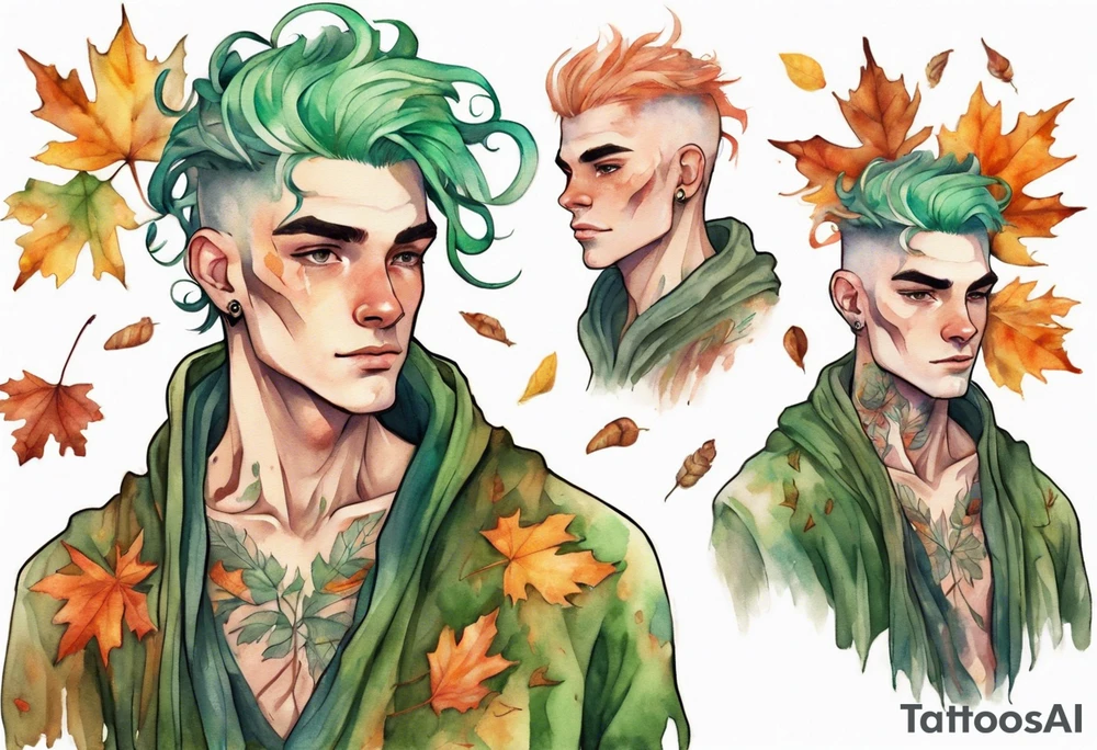 A tall, beautiful 19 year old man with autumn leaves in his green hair hair, skin like tree bark, and a floral robe. tattoo idea