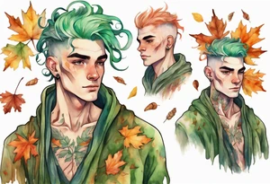 A tall, beautiful 19 year old man with autumn leaves in his green hair hair, skin like tree bark, and a floral robe. tattoo idea