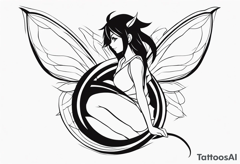 No color sketch of a fairy with a tail inspired by the guild symbol in the anime show called Fairy Tail in a fetal position leaning in and forward while crawled in tattoo idea