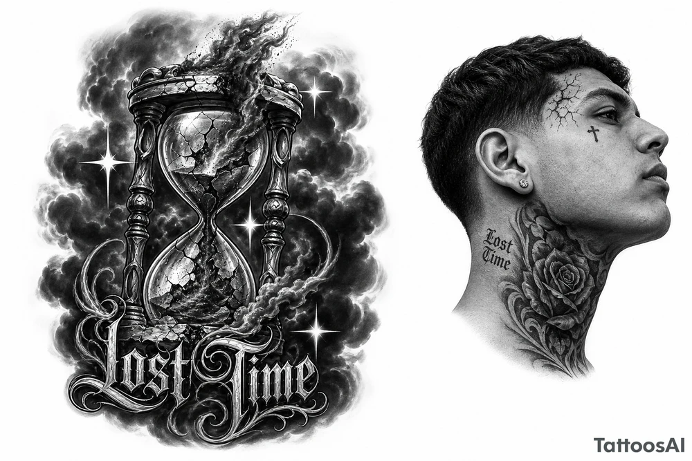 Black and grey realism tattoo design of a cracked, shattered hourglass centered in dark heavy clouds. Sand and dark smoke floating upward out of the glass. Custom gothic script lettering that says "Lost Time" wrapped around the base. Chicano style shading, deep blackwork background, sharp 4-point sparkle stars, high contrast, clean white background, tattoo stencil style. Put on the throat not the back of neck put “Lost Time” like on the side on neck but still connected make lost time wat smaller tattoo idea