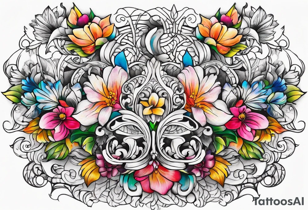 ornaments of flowers chest piece tattoo idea