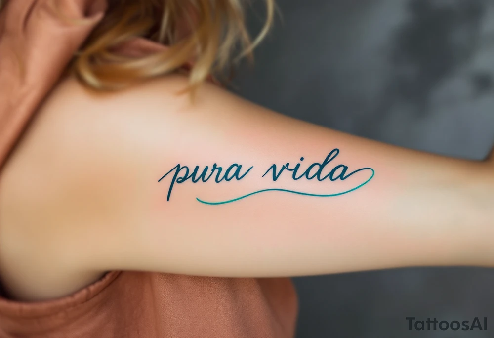 Minimal “Pura Vida” with a single turquoise wave curling underneath the text in a continuous line. tattoo idea
