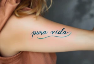 Minimal “Pura Vida” with a single turquoise wave curling underneath the text in a continuous line. tattoo idea