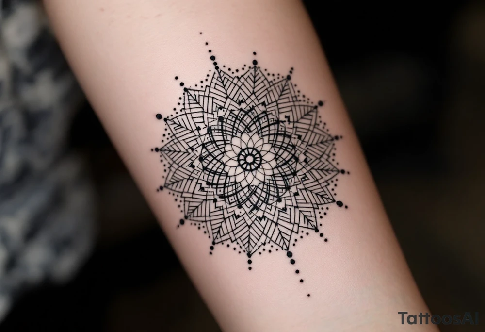 simple, minimalist tattoo, sacred geometry mandala, centerpiece design, dotwork patterns, radiating geometry, symmetrical mandala, geometric shapes, intricate dotwork, sacred patterns, mandala center, geometric radiating, fine line work, black grey shading, minimalist design, no outlines, arm placement, delicate linework, precise geometry, clean symmetry, sacred symbols, geometric precision, dotwork details, mandala focal point, refined patterns, understated complexity, geometric harmony, minimalist tattoo idea
