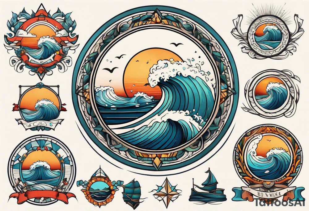 vintage traditional tattoo of ocean waves 
within a circle and banner across bottom tattoo idea