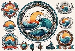 vintage traditional tattoo of ocean waves 
within a circle and banner across bottom tattoo idea