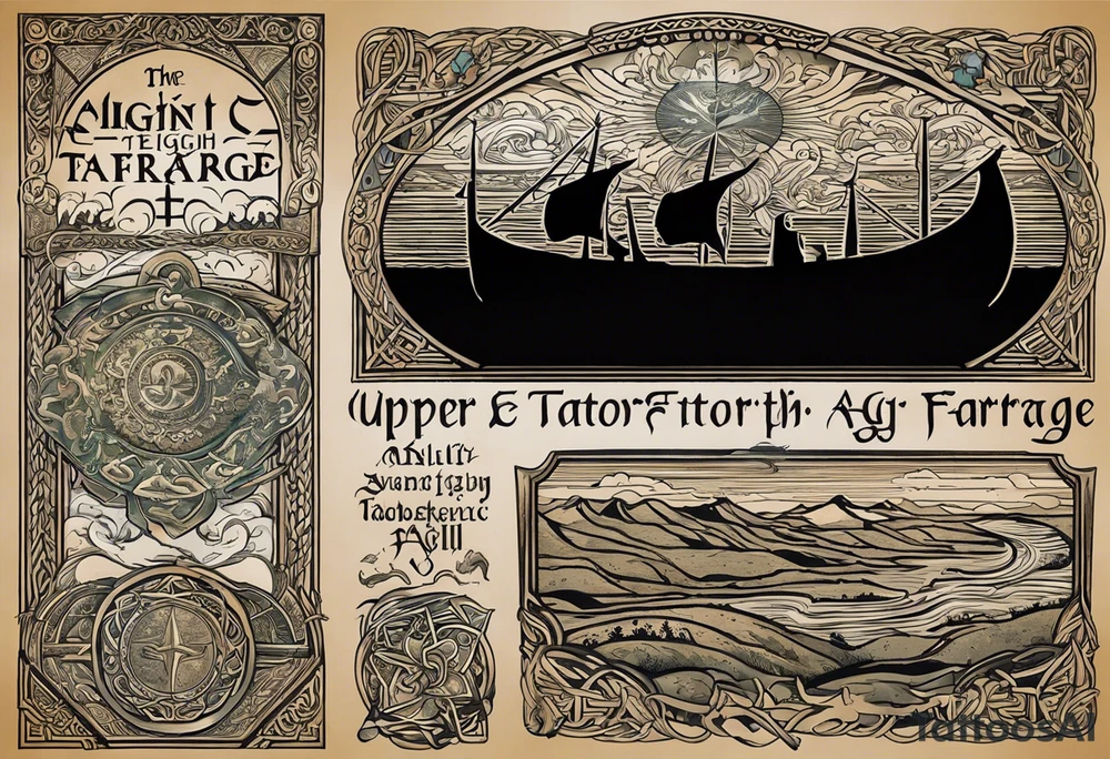 Design me a tattoo for an upper left arm half sleeve, with the script "Áit éigin taobh thall den farraige, áit éigin ag fanacht dom" and I was thinking originally to be over a coast scene (image uploaded) from a special place. Make it in the style of Viking or celtic designs incorporated into the design with a rune, but the text is a must tattoo idea