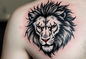 A black and white Czech lion with red eyes, giving it an intense and fierce appearance, symbolizing resilience and determination. tattoo idea