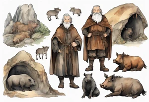 a 55-year-old medieval Bavarian man with a grey beard and broad shoulders wearing a brown and black cloak standing next to a boar in front of a cave tattoo idea