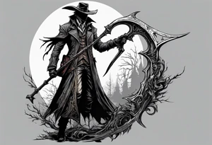 Bloodborne hunter, holding  scythe, howling tattoo idea