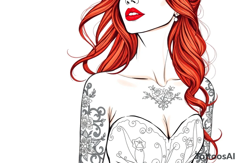 Woman with long red hair and red lipstick with lots of tattoos in her wedding dress tattoo idea