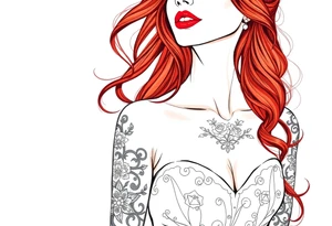 Woman with long red hair and red lipstick with lots of tattoos in her wedding dress tattoo idea